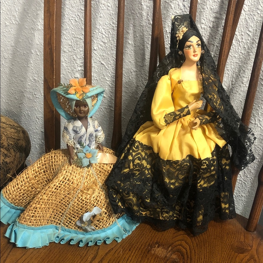 Vintage Porcelain Doll Pair in Yellow, Black and Turquoise Accents - Vintage